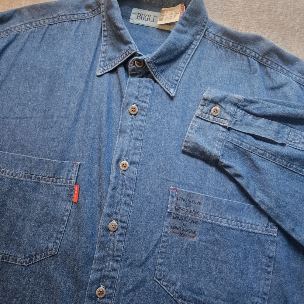 Vtg Bugle Boy Mens XL Blue Denim Button Down Shirt Long Sleeve Vintage New